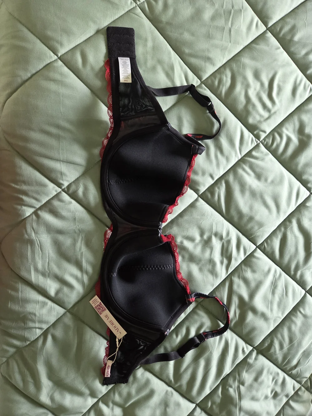 Adore Me Black Balconette Bra with Red Kiss Print